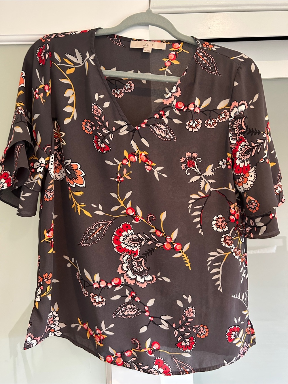 LOFT Charcoal Floral V-Neck Blouse with Red and Yellow Accents